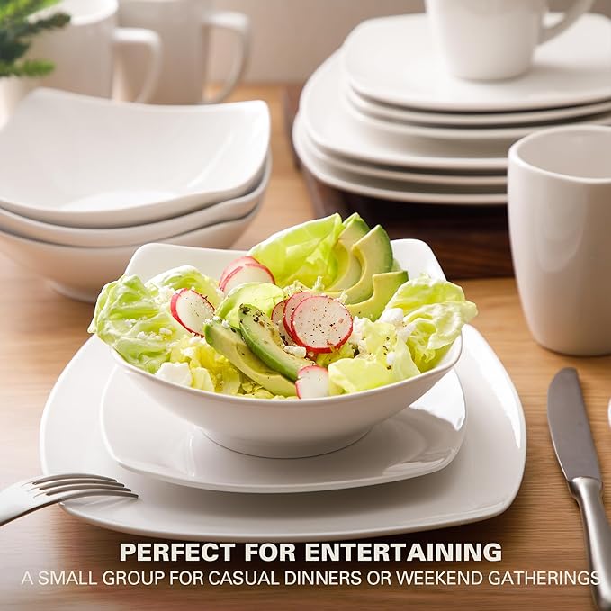 Gibson Home Zen Buffet Porcelain Chip and Scratch Resistant Dinnerware Plates, Bowls, and Mugs Set White (Square Dishes)