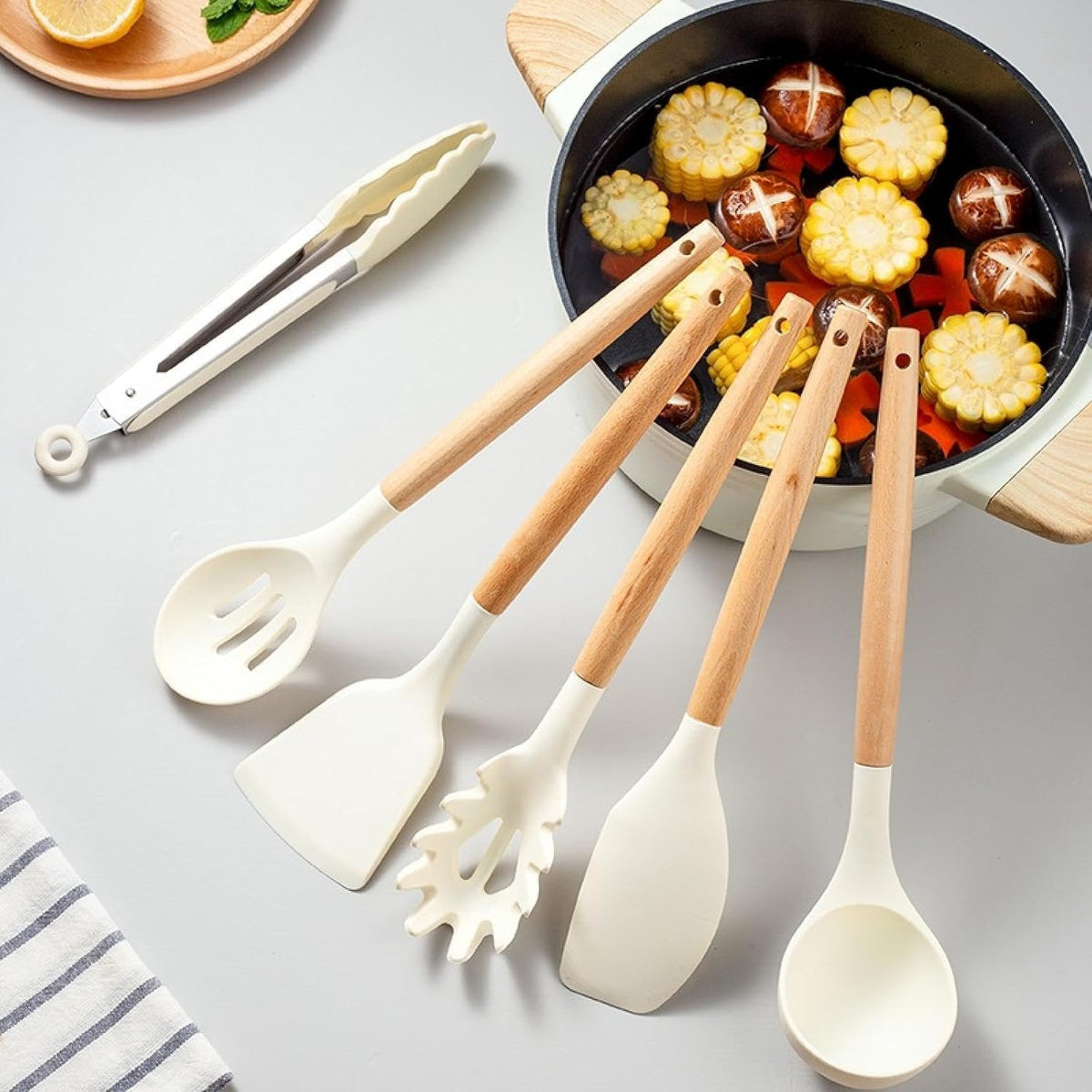 Carote 1pc Wooden Handle White Silicone Kitchenware Set 12 Pieces Set Kitchenware Pot Spatula Kitchen Tools