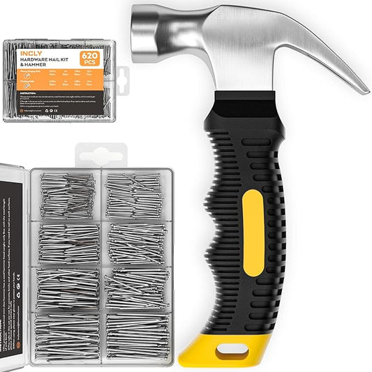 INCLY 620 PCS Small Nails for Hanging Pictures Assortment Kit with 8oz Claw Small Hammer, Mini Hammer Set with Hardware Nails Assorted Set 310 Wall Nails  310 Finish Nails for Installing with Case