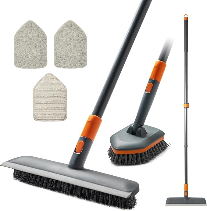 CLEANHOME Floor Scrub Brush Tile Tub Scrubber Brush 4 Different Cleaning Heads, Shower Brush, 56" Extendable Long Handle, For Kitchen, Bathroom, Tub, Tile, Wall