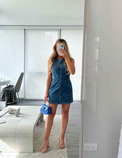 Daacee Womens Sleeveless Bodycon Denim Mini Dress Casual Waist Tucks Zipper Tank Jean Dresses