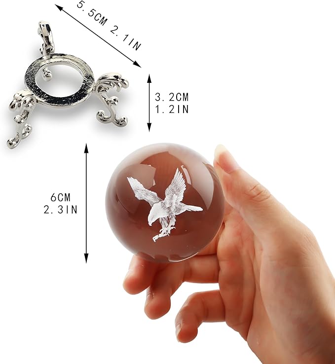 HDCRYSTALGIFTS Engraved Eagle Crystal Ball Paperweight with Stand 60mm 3D Laser Etched Bald Eagle Glass Spheres Decorative Balls(Clear)