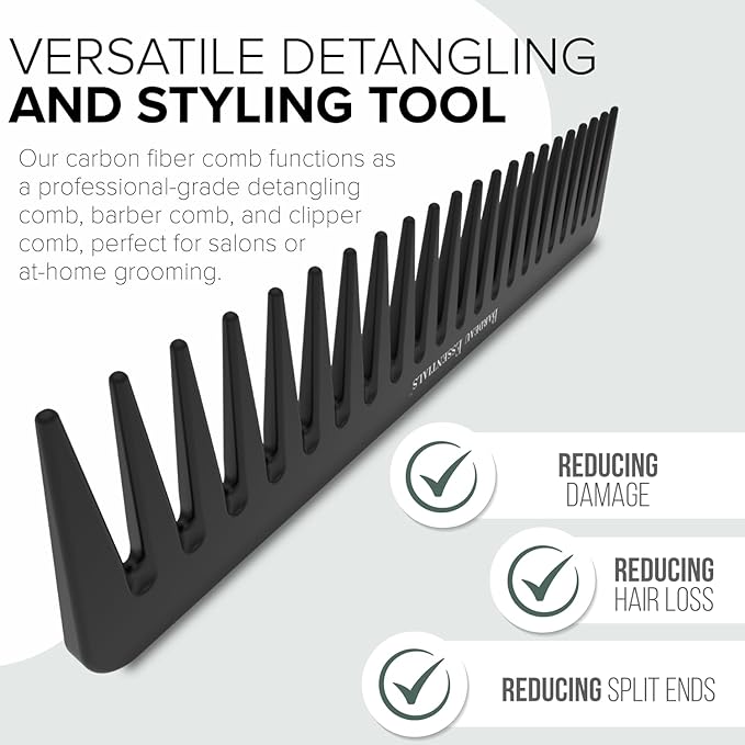 Black Carbon Wide Tooth Comb for Curly and Straight Hair (7 inch) - Professional Detangling Comb for Men & Women - Detangler Big Tooth Comb for Curls and Wet Hair - Large Barber Comb for Hair Styling