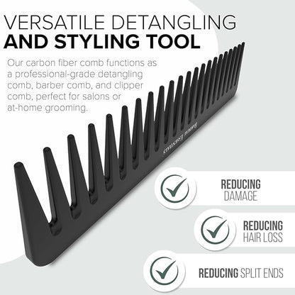 Black Carbon Wide Tooth Comb for Curly and Straight Hair (7 inch) - Professional Detangling Comb for Men & Women - Detangler Big Tooth Comb for Curls and Wet Hair - Large Barber Comb for Hair Styling