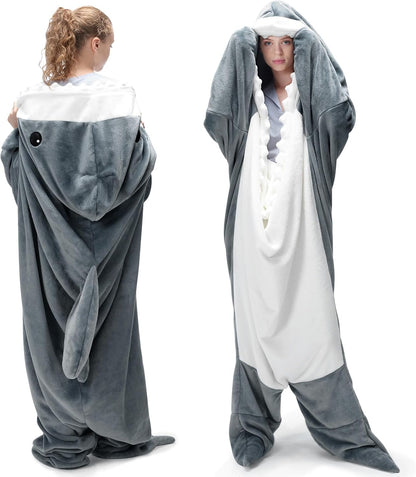 Touchat Shark Blanket for Adult Super Soft Cozy Flannel Throw Wearable Blanket, Cartoon Animals Blanket Hoodie, Sleeping Bag Cosplay Costume Gifts for Shark Lovers (Grey, L)