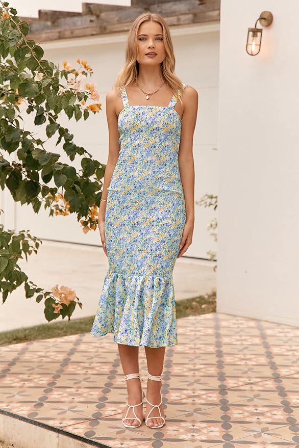 PRETTYGARDEN Women's Summer Floral Midi Tank Dress Sleeveless Strappy Ruffle Hem Smocked Bodycon Dresses