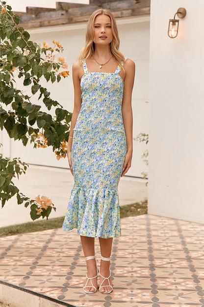 PRETTYGARDEN Women's Summer Floral Midi Tank Dress Sleeveless Strappy Ruffle Hem Smocked Bodycon Dresses