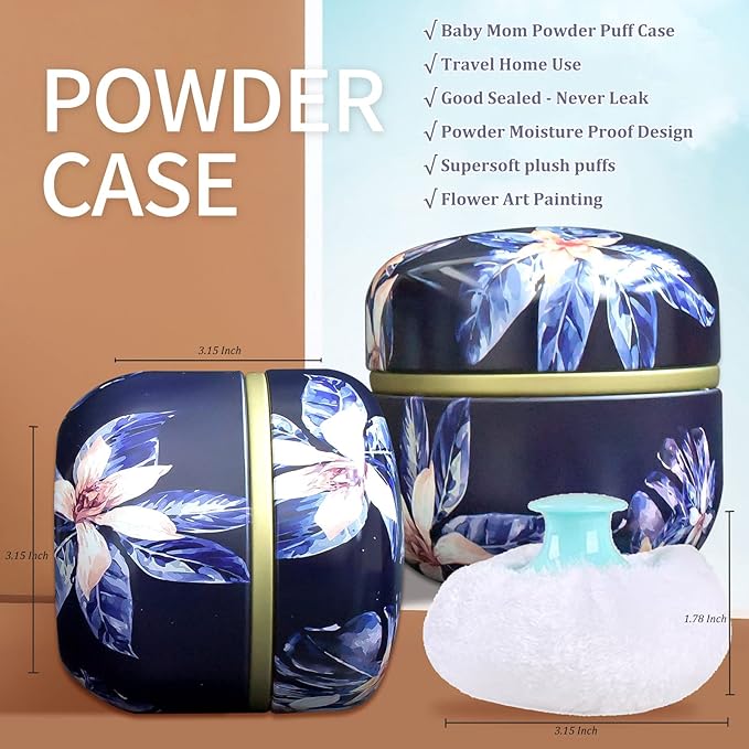 Topwon 3.15" Powder Case with Puff, BPA Free, Fluffy Plush Powder Puffs Container, Baby Women's Body Loose Dusting Dry Powder Box, TravelHome Use, Blue Flower