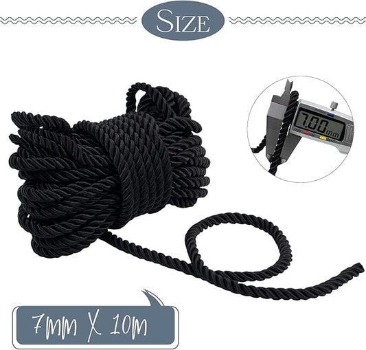 11 Yards Twisted Silk Rope Cord, Soft Black Rope Satin Cord Trim 7mm Nylon Cord, Thick Decorative Rope, Cording for Crafts, Curtain Tieback, Home Decor, Graduation Cords
