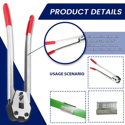 Steel Banding Tool Strapping Sealer - 2 in 1 Crimper & Sealer with 20" Extra-Long Handle and Enhanced Bite for PET Banding 1/2"~3/4"-Steel Strapping Tool for Heavy Duty Package