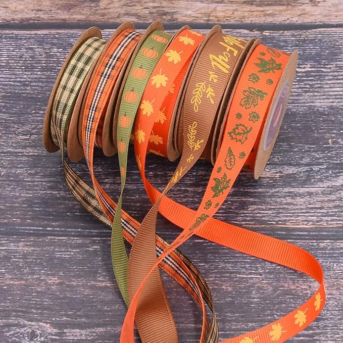 Fall Ribbon Pumpkin Maples Pattern Thanksgiving Theme Craft Rustic Autumn Harvest Ribbons for Wrapping Gifts Making Wreath