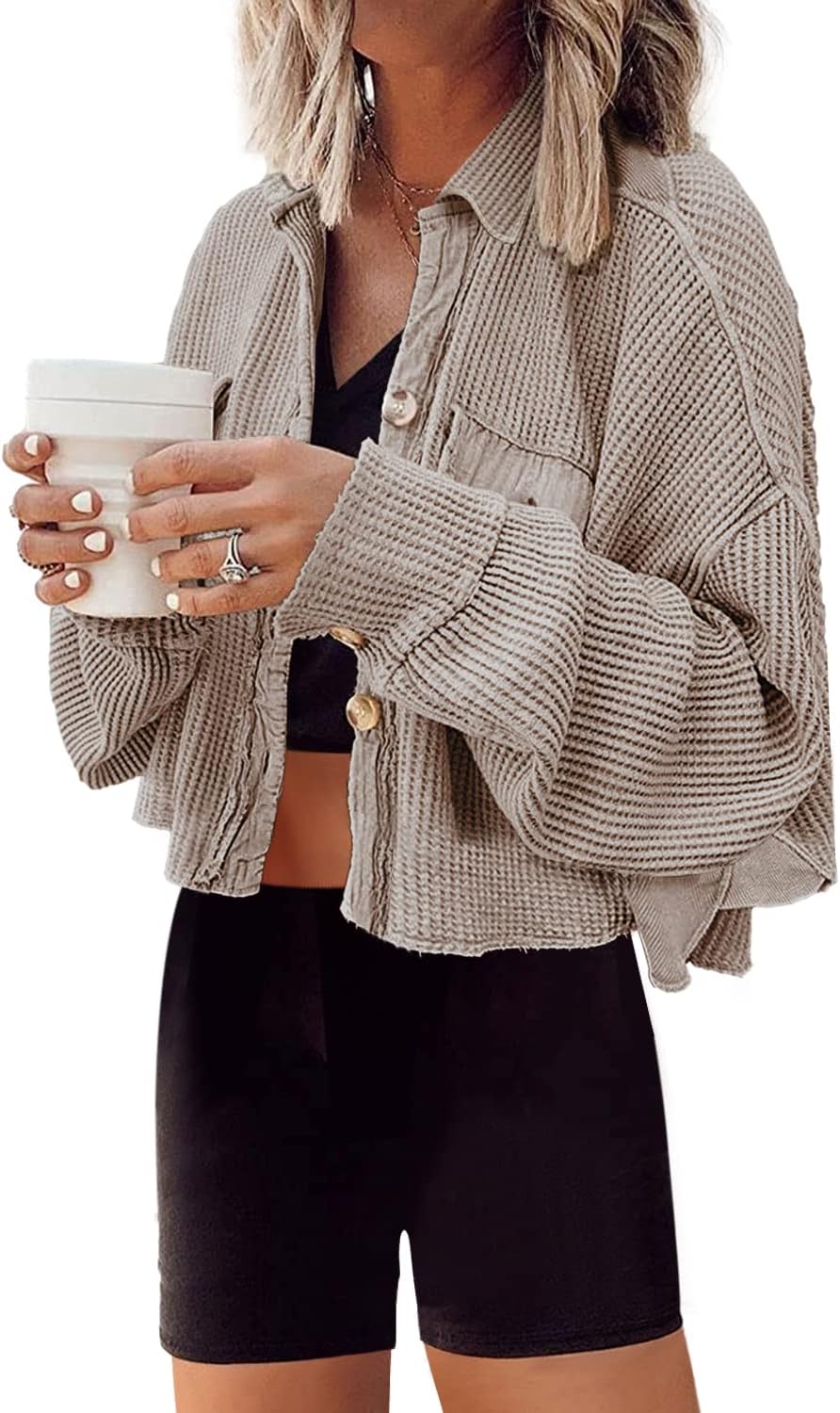 Women's Cropped Waffle Knit Shacket Short Button Down Jacket Batwing Sleeve Shirts with Pocket