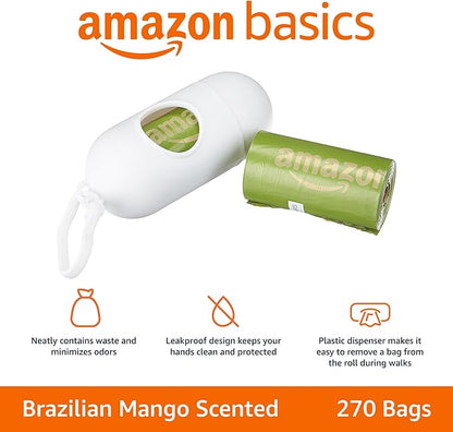 Basics Dog Poop Bags with Dispenser, 270 Count, Enhanced for Guaranteed Leakproof, Brazilian Mango Scented, Includes Leash Clip