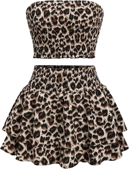 GORGLITTER Women's Sexy Going Out Outfits Cheetah Leopard Print Tube Tops Y2k Animal Western Mini Skirt Set.