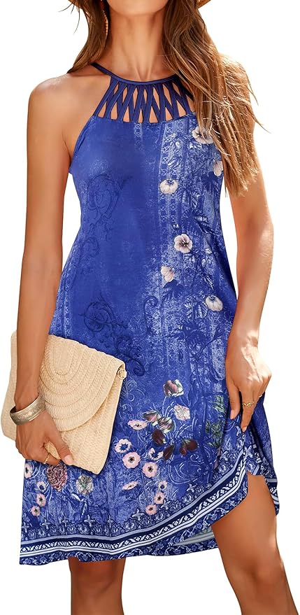 Bluetime Womens Summer Casual Halter Dress Crochet Hollow Out A-line Floral Boho Beach Sundresses with Pockets