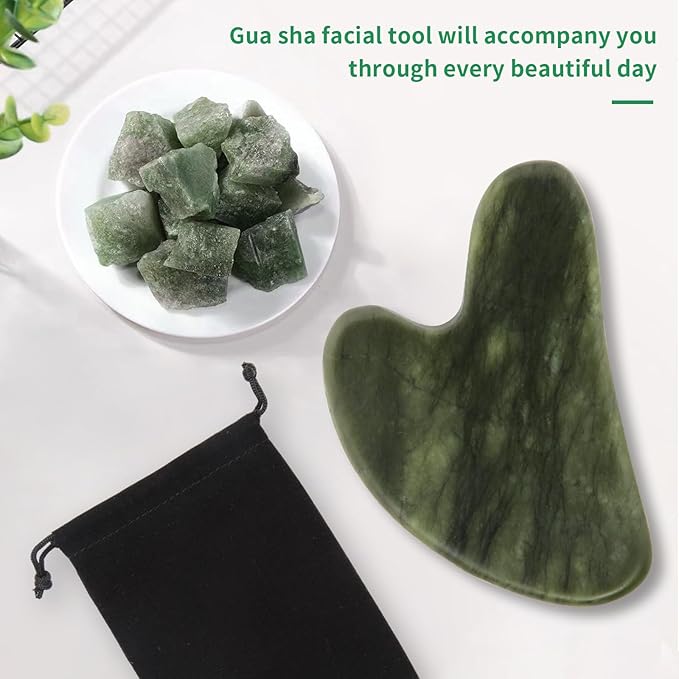 Gua Sha Facial Tools, Natural Jade Guasha Tool for Face,Double Chin  Jawline, Jade Gua Sha Stone Self-Skin Care Face Stone Gua Sha tools for Women Guasha Stone, Dark Green