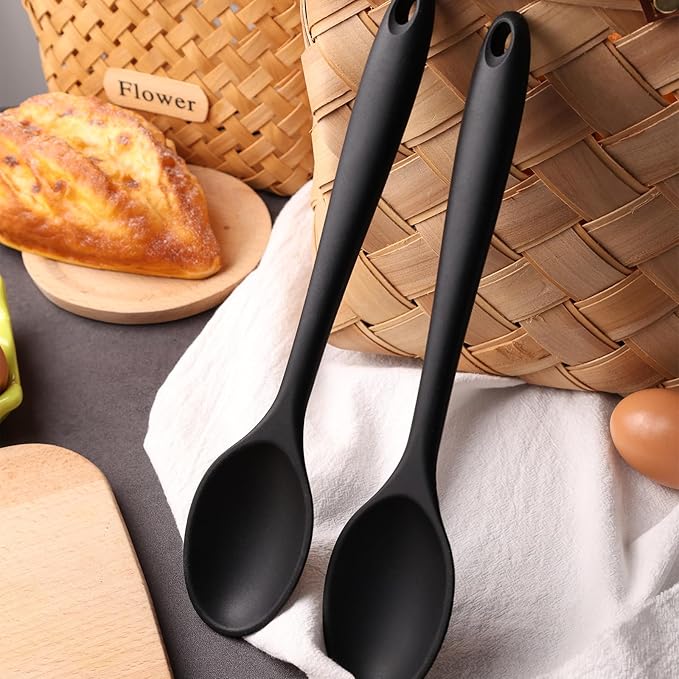 HAKSEN 2PCS Black Silicone Spoons, Heat Resistant Spoons Silicone Cooking Spoon for Kitchen Cooking Serving Baking Stirring