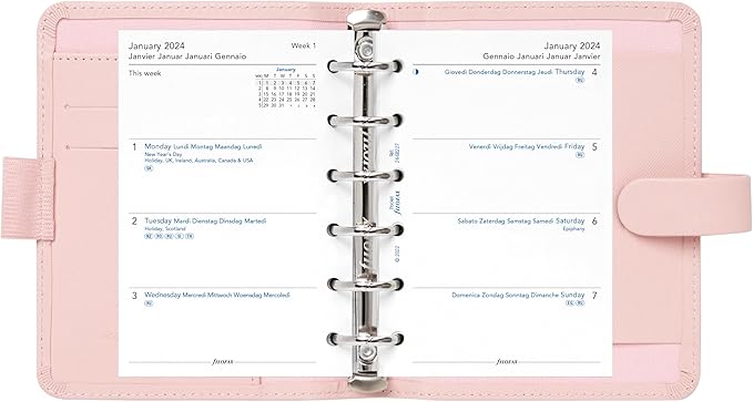 Filofax Saffiano Organizer, Pocket Size, Blush - Cross-Grain, Leather-Look, Six Rings, Week-to-View Calendar Diary, Multilingual, 2024 (C022697-24)