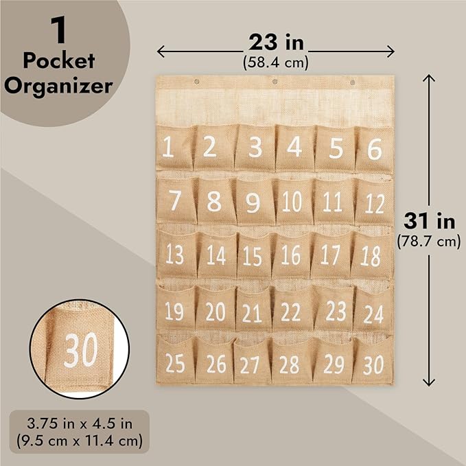 Juvale 30-Row Burlap Cell Phone Holder for Classroom, Farmhouse Designed White Numbered Hanging Pocket Organizer for Mobile Phones, Calculator Caddy, Organization (23x31 in)