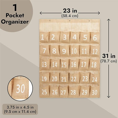 Juvale 30-Row Burlap Cell Phone Holder for Classroom, Farmhouse Designed White Numbered Hanging Pocket Organizer for Mobile Phones, Calculator Caddy, Organization (23x31 in)