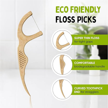 Dental Floss Picks, Biodegradable Handle, Kids Floss, Bamboo Floss, Natural Floss Non Toxic, Organic Floss, Gentle on Gums - Zero Waste, Vegan Organic, Eco Friendly, 100 Mint-Flavored Picks