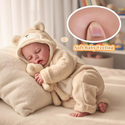 BABESIDE 17 Inch Drink and Wet Reborn Baby Doll, Full Soft Vinyl Girl | Closed-Eye Newborn Look, Realistic Details, Bear Outfit, Feeding and Diaper-Changing Play, Gift for Kids Ages 3+