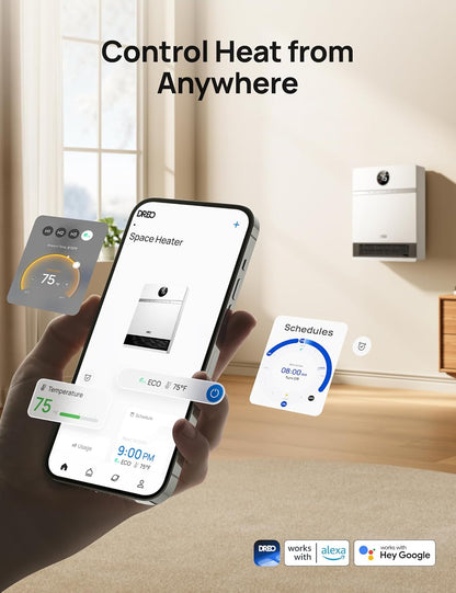 REO Smart Electric Wall Heater for Indoor Use, Works with Alexa,Large Room IP24 Wall Mounted Heater, 11.5 ft/s Heating, 28dB Quiet Operation, App and Remote Control, Digital Thermostat and ECO Mode
