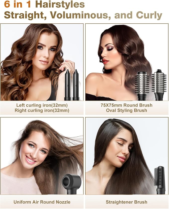 7MAGIC Hair Dryer Brush  6 in 1 Hair Styler, Silver, 110 Volts, 1200 Watts, Ionic Technology, Fast Drying, Multi Styler for Straight, Wavy, Curly, and Coily Hair