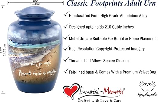 Footprints Urn, Footprints Cremation Urn for Ashes, Handcrafted Adult Beach Urn, Seaside Urn, Full Size Beach Cremation Urn with Velvet Bag (Large)