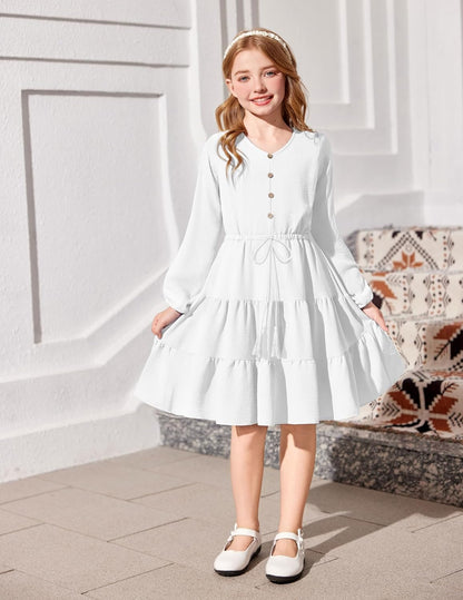 Size 12, Arshiner Tween Girls Dresses Fall Long Sleeve V Neck Waist Tie Ruffle Tiered Swing Skater Dress.