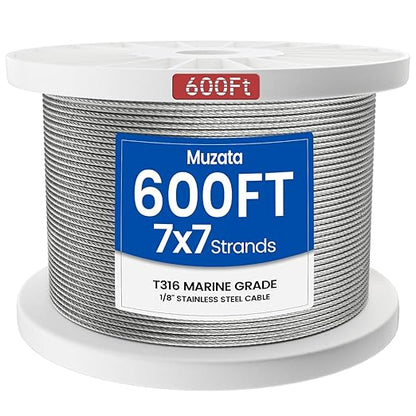 Muzata 600 ft 18" Stainless Steel Cable Railing System Hardware T316 Stainless Steel Wire Rope 7x7 Strands 1800 lb Breaking Strength Deck Cable Railing Kit for Indoor Outdoor Coastal WR02