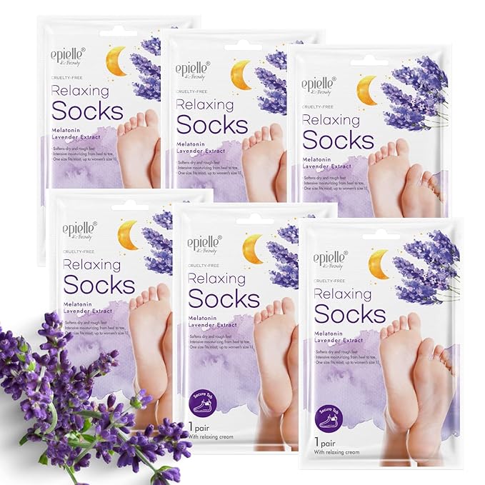 Epielle Relaxing Foot Masks, 6 Pairs Deep Moisturizing Socks for Dry Feet & Cracked Heels, Soften Skin with Melatonin & Lavender Extract, Korean Skin Care, Foot Spa Gifts for Women