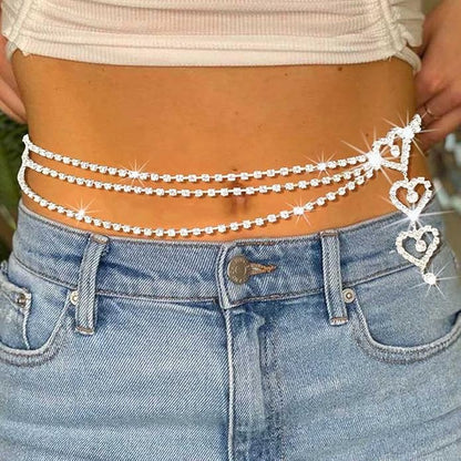 Rhinestone Waist Chain Layered Body Chain Heart Sliver Belly Chain Nightclub Party Body Jewelry Accessories For Women