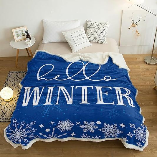 Cozy Christmas Throw Blanket for Couch Winter Reversible Sherpa Blanket Christmas Hello Winter Snowflakes Blue Throw Blankets for Sofa Bed,40x50 in Fleece Blanket