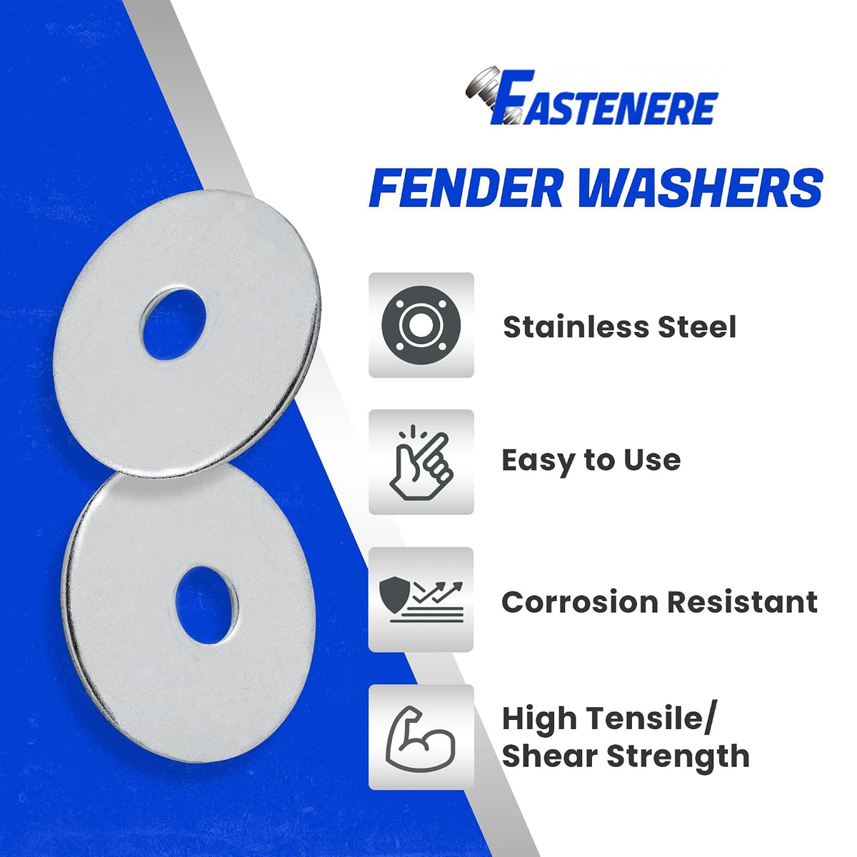 Fastenere Fender Washers 3/8 x 2 (25 Pack), Large Diameter, 18-8 Stainless Steel Plain Finish, Corrosion Resistant, High Tensile Strength Metal Hardware for Automotive and Construction Projects
