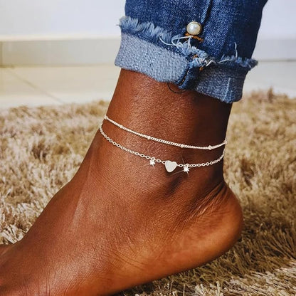 Trendy Anklets for Women Dainty Ankle Bracelet CZ Evil Eye Heart Layered Bracelets Set Gifts Summer Beach Jewelry