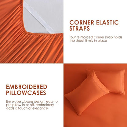 JSD Burnt Orange Queen Sheet Set with Side Pocket Corner Straps, 4 Piece Soft Microfiber Bed Sheets Extra Deep Pocket