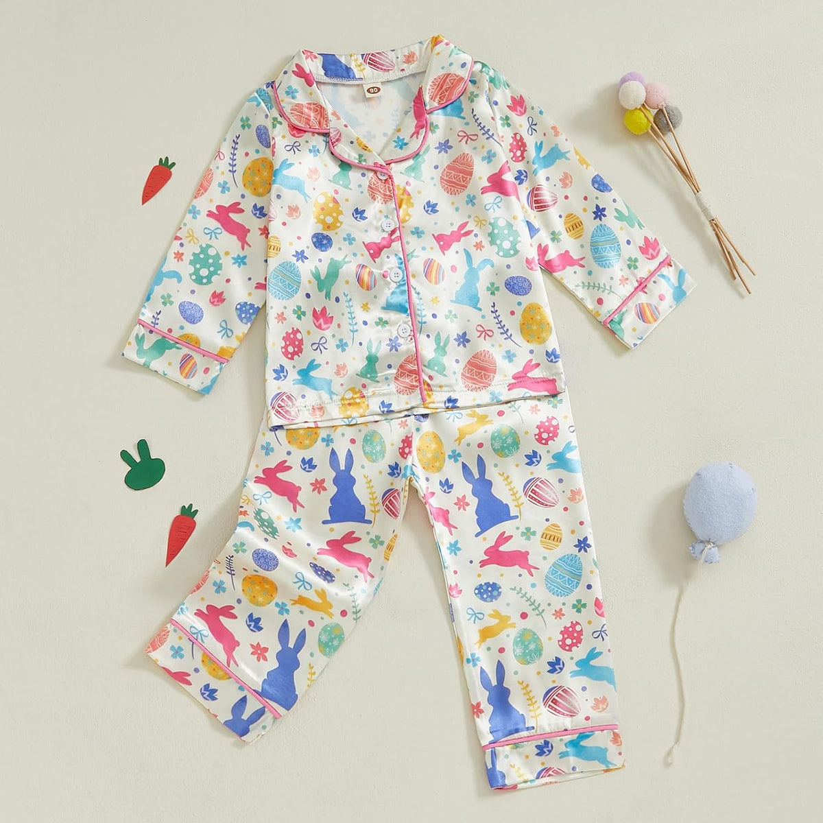 Toddler Baby Girl Boy Easter Satin Pajamas Set Cute Bunny Long Sleeve Button-up Shirt Top Long Pants Sleepwer