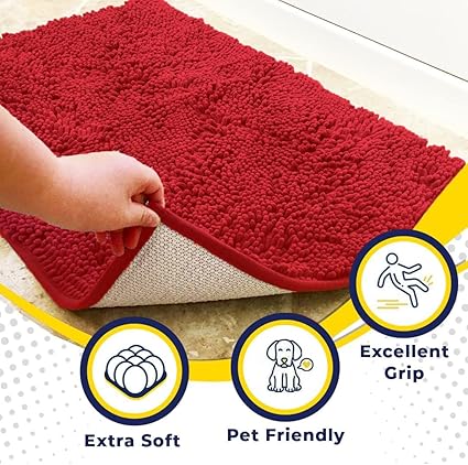 Muddy Mat Shown ON TV Highly Absorbent Microfiber Door Mat and Pet Rug Non Slip Thick Washable Area and Bath Mat Soft Chenille for Kitchen Bathroom Bedroom Indoor and Outdoor - Red Small 28"X18"