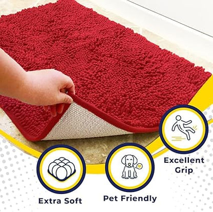 Muddy Mat Shown ON TV Highly Absorbent Microfiber Door Mat and Pet Rug Non Slip Thick Washable Area and Bath Mat Soft Chenille for Kitchen Bathroom Bedroom Indoor and Outdoor - Red Small 28"X18"