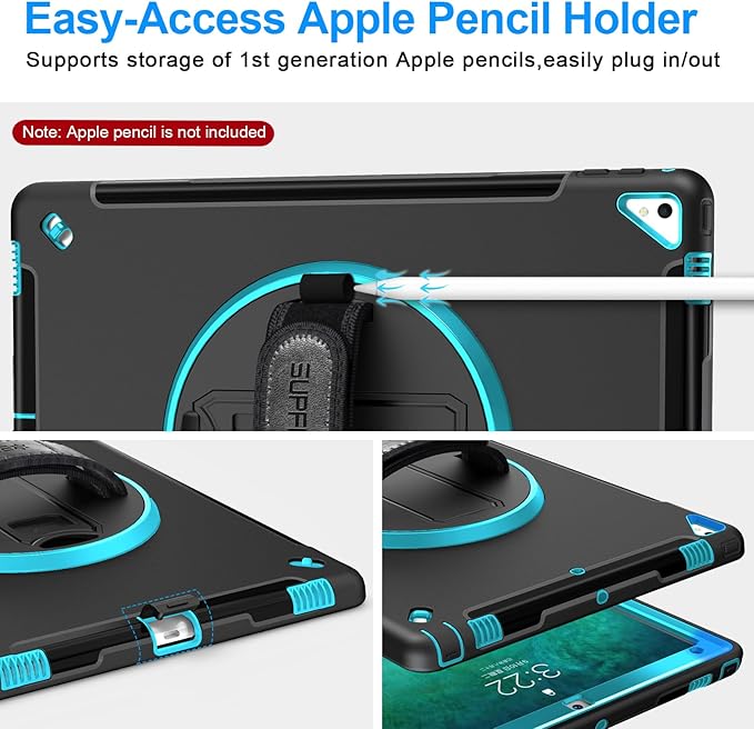 SUPFIVES Case iPad Pro 12.9 20152017: iPad 12.9 Inch 1st 2nd Generation Case Upgraded Military Grade Shockproof Silicone Protector with Pencil Holder Handle Shoulder Strap Rotating Stand, Green