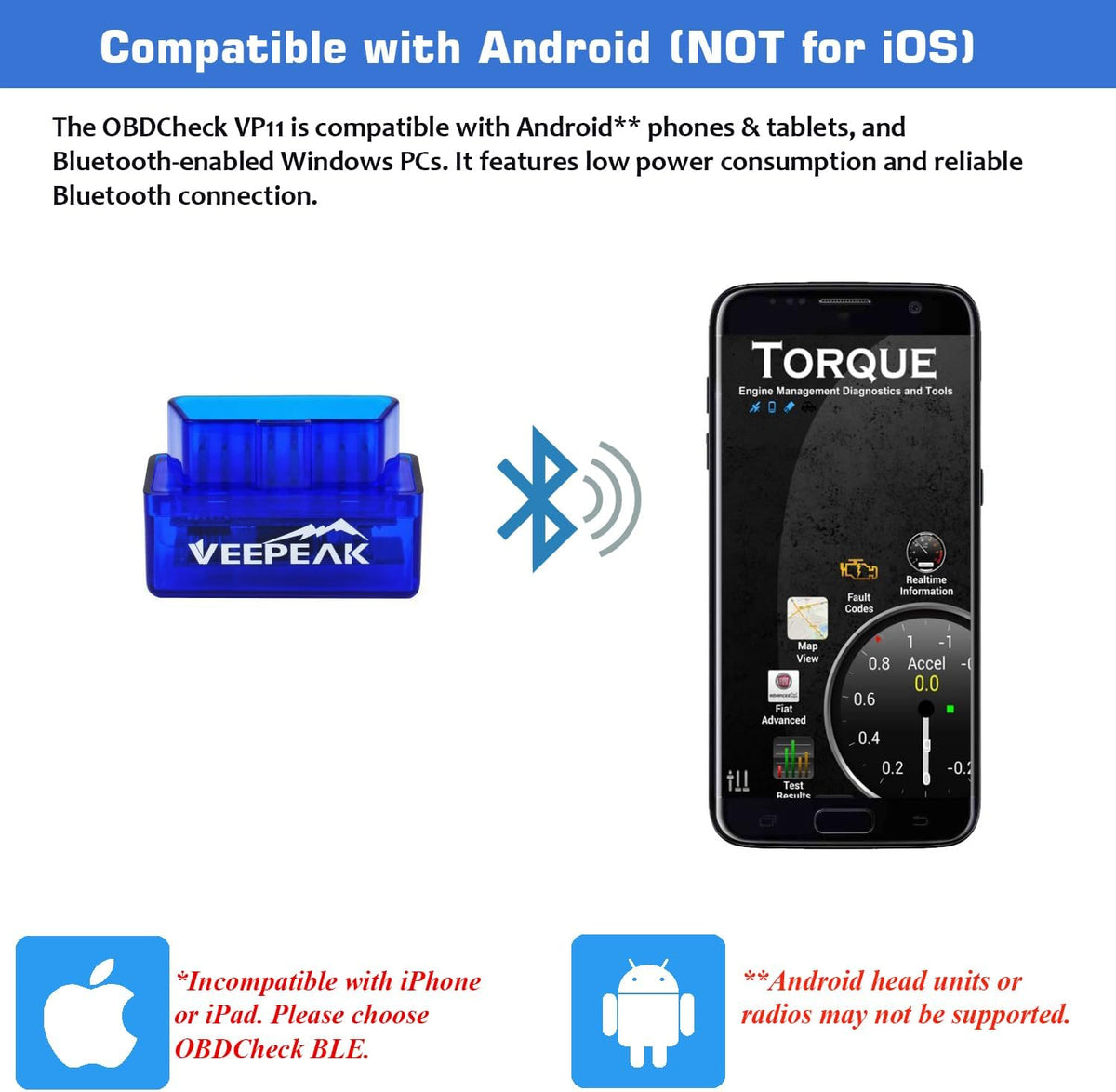 Veepeak Mini Bluetooth OBD2 Scanner Code Reader for Android (NOT for iOS) Incompatible with iPhone or iPad. Check engine light diagnostics & live data for Android. Supports Torque & Car Scanner App.