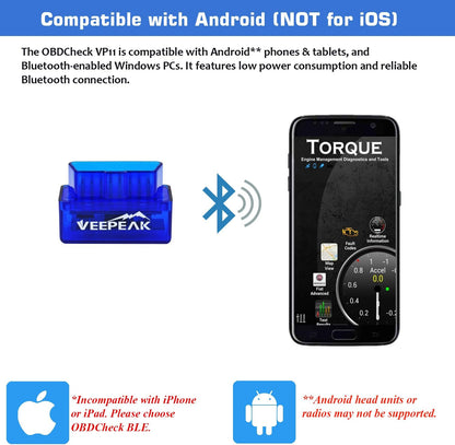 Veepeak Mini Bluetooth OBD2 Scanner Code Reader for Android (NOT for iOS) Incompatible with iPhone or iPad. Check engine light diagnostics & live data for Android. Supports Torque & Car Scanner App.