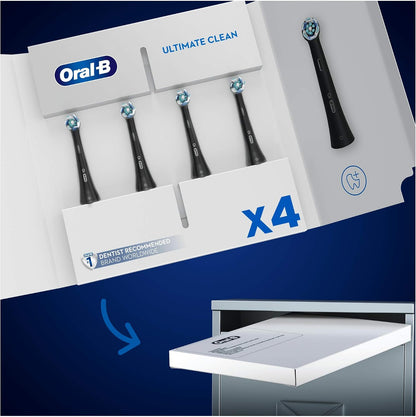 Oral-B iO Ultimate Clean Electric Toothbrush Head, Twisted & Angled Bristles for Deeper Plaque Removal, Pack of 4, Black, (Missing original packaging)