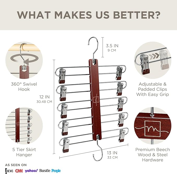 MORALVE Skirt Hangers Space Saving with Clips - 2 Pack - European Beechwood 5-Tier Hanger for Shorts, Skirts, and Pants - Closet Organizer and Storage Solution for Women with 360 Swivel Hook