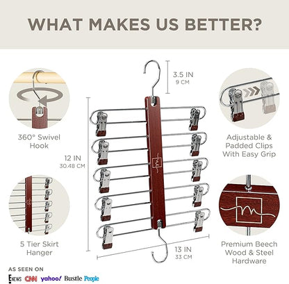MORALVE Skirt Hangers Space Saving with Clips - 2 Pack - European Beechwood 5-Tier Hanger for Shorts, Skirts, and Pants - Closet Organizer and Storage Solution for Women with 360 Swivel Hook