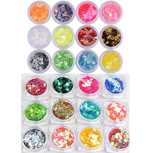 Nail Art Round Mermaid Glitter Sequins with Broken Shell Glass Paper Candy Foil Paillette Flakes DIY Tips 2 Set