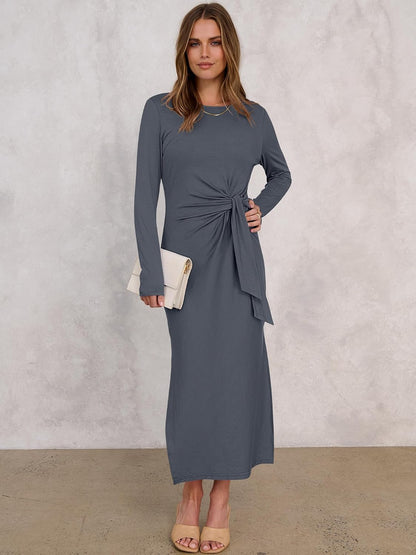 ANRABESS Women's Long Sleeve Maxi Dress, Tie Waist Slim with Side Slit, Elegant for Work, Casual, Versatile Fall Winter Dress