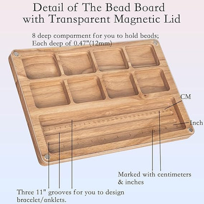 Svartur Wood Bead Board with Lid, Bracelet Board with Measurements, Beading Tray for Jewelry Making, Anklets & Bracelet Wooden Bead Design Tray with Cover 11.81" X 7.87" X 0.62"