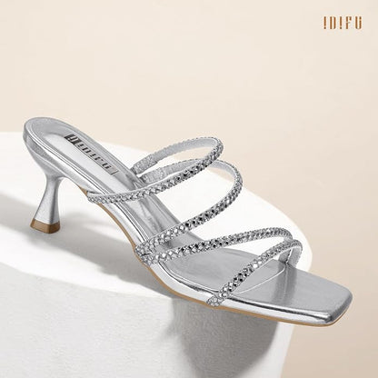 Size 11. IDIFU Rhinestone Heels Slip On Strappy Low Kitten Heels | Square Open Toe Low Heels Wedding Bridal Prom Party Dress Shoes for Women Comfortable Formal Sparkly Heeled Sandals